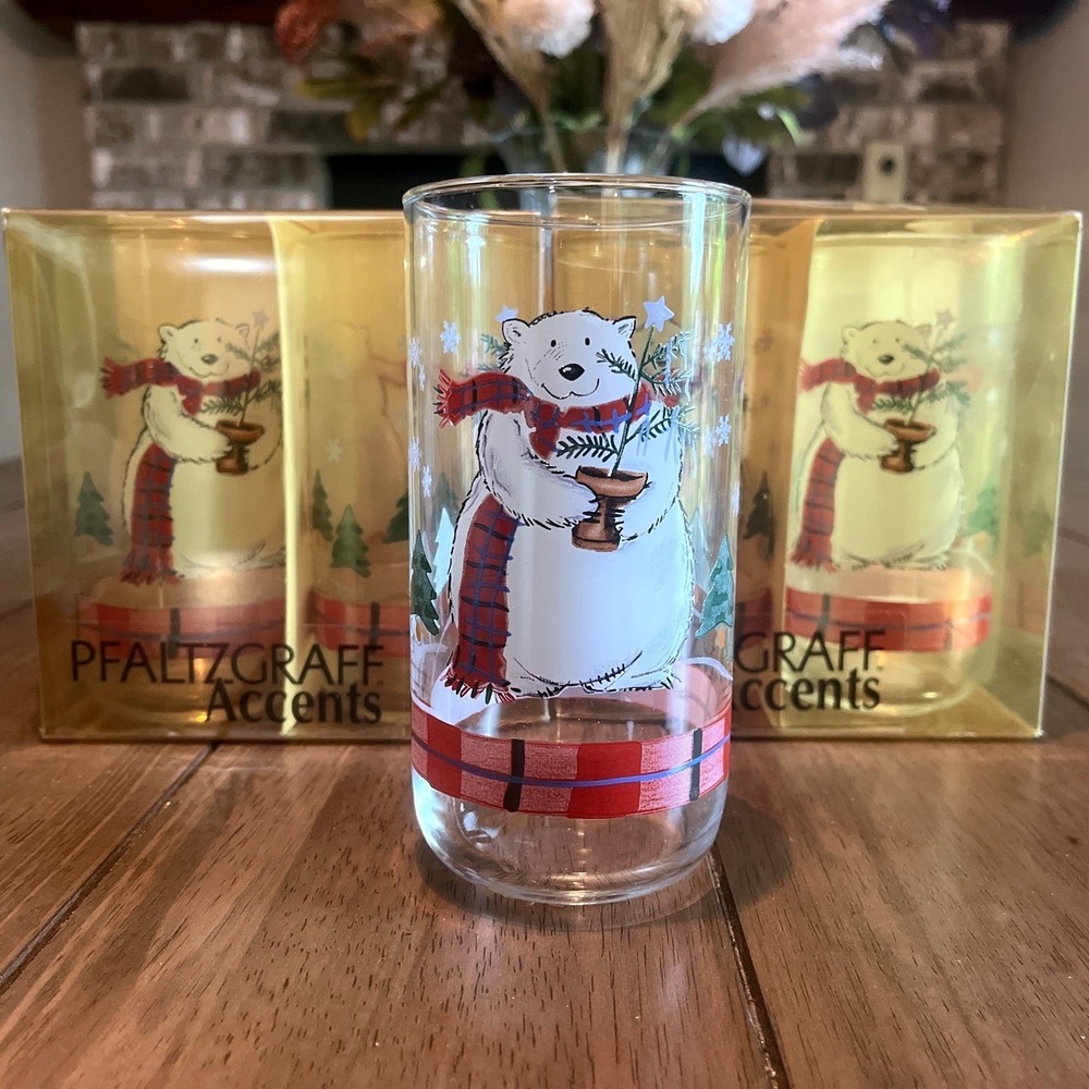 8 Piece Vintage Pfaltzgraff Glassware Set Snowbear 16 oz in Original Box